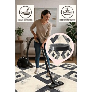 Oturma Odası Halısı – Siyah; Krem – Geometrik Desen, Eskitilmiş Görünümlü Tasarım, Makinede Yıkanabilir, Kolay Temizlenebilir, Toz Ve Tüy Tutmaz, Kaymaz, Evcil Hayvan Dostu