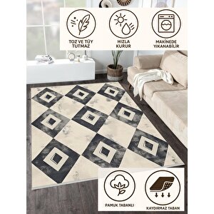 Oturma Odası Halısı – Siyah; Krem – Geometrik Desen, Eskitilmiş Görünümlü Tasarım, Makinede Yıkanabilir, Kolay Temizlenebilir, Toz Ve Tüy Tutmaz, Kaymaz, Evcil Hayvan Dostu