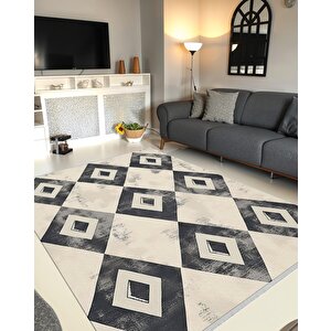 Oturma Odası Halısı – Siyah; Krem – Geometrik Desen, Eskitilmiş Görünümlü Tasarım, Makinede Yıkanabilir, Kolay Temizlenebilir, Toz Ve Tüy Tutmaz, Kaymaz, Evcil Hayvan Dostu