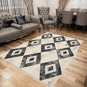 Oturma Odası Halısı – Siyah; Krem – Geometrik Desen, Eskitilmiş Görünümlü Tasarım, Makinede Yıkanabilir, Kolay Temizlenebilir, Toz Ve Tüy Tutmaz, Kaymaz, Evcil Hayvan Dostu