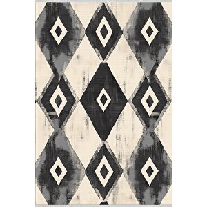 Pamuk Dokuma Taban Halı – Black; Gray; Cream – Geometric Desen, Makinede Yıkanabilir, Kolay Temizlenebilir, Toz Ve Tüy Tutmaz, Kaymaz, Evcil Hayvan Dostu