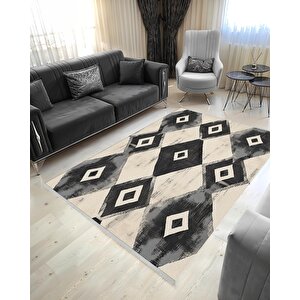 Pamuk Dokuma Taban Halı – Black; Gray; Cream – Geometric Desen, Makinede Yıkanabilir, Kolay Temizlenebilir, Toz Ve Tüy Tutmaz, Kaymaz, Evcil Hayvan Dostu