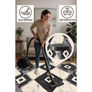 Pamuk Dokuma Taban Halı – Black; Gray; Cream – Geometric Desen, Makinede Yıkanabilir, Kolay Temizlenebilir, Toz Ve Tüy Tutmaz, Kaymaz, Evcil Hayvan Dostu