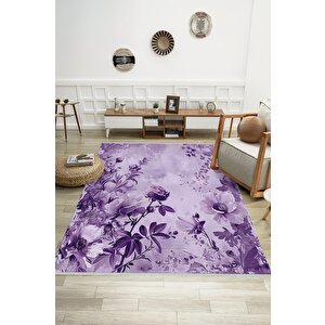 Oturma Odası Halısı – Mor; Lila – Çiçekli Desen, Makinede Yıkanabilir, Kolay Temizlenebilir, Toz Ve Tüy Tutmaz, Kaymaz, Evcil Hayvan Dostu