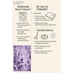 Oturma Odası Halısı – Mor; Lila – Çiçekli Desen, Makinede Yıkanabilir, Kolay Temizlenebilir, Toz Ve Tüy Tutmaz, Kaymaz, Evcil Hayvan Dostu