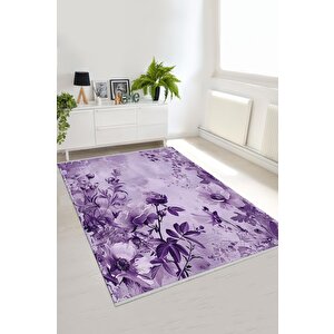 Oturma Odası Halısı – Mor; Lila – Çiçekli Desen, Makinede Yıkanabilir, Kolay Temizlenebilir, Toz Ve Tüy Tutmaz, Kaymaz, Evcil Hayvan Dostu