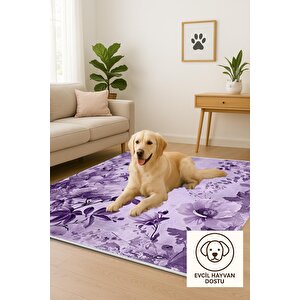 Oturma Odası Halısı – Mor; Lila – Çiçekli Desen, Makinede Yıkanabilir, Kolay Temizlenebilir, Toz Ve Tüy Tutmaz, Kaymaz, Evcil Hayvan Dostu