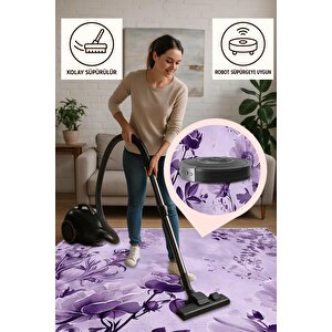 Oturma Odası Halısı – Mor; Lila – Çiçekli Desen, Makinede Yıkanabilir, Kolay Temizlenebilir, Toz Ve Tüy Tutmaz, Kaymaz, Evcil Hayvan Dostu
