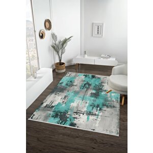 Yıkanabilir Halı – Turkuaz; Siyah; Gri; Beyaz – Eskitilmiş Görünümlü Desensiz Tasarım, Pamuk Dokuma Taban, Kolay Temizlenebilir, Toz Ve Tüy Tutmaz, Kaymaz, Evcil Hayvan Dostu 160x180 cm