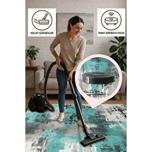 Yıkanabilir Halı – Turkuaz; Siyah; Gri; Beyaz – Eskitilmiş Görünümlü Desensiz Tasarım, Pamuk Dokuma Taban, Kolay Temizlenebilir, Toz Ve Tüy Tutmaz, Kaymaz, Evcil Hayvan Dostu