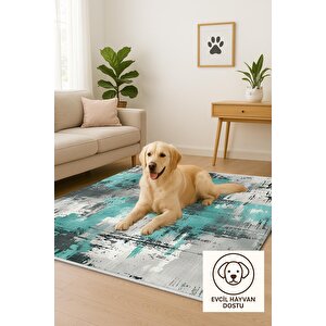 Yıkanabilir Halı – Turkuaz; Siyah; Gri; Beyaz – Eskitilmiş Görünümlü Desensiz Tasarım, Pamuk Dokuma Taban, Kolay Temizlenebilir, Toz Ve Tüy Tutmaz, Kaymaz, Evcil Hayvan Dostu