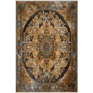 Oturma Odası Halısı – Siyah; Kahverengi – Eskitilmiş Görünümlü Mandala Desen, Makinede Yıkanabilir, Kolay Temizlenebilir, Toz Ve Tüy Tutmaz, Kaymaz, Evcil Hayvan Dostu 200x220 cm