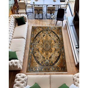 Oturma Odası Halısı – Siyah; Kahverengi – Eskitilmiş Görünümlü Mandala Desen, Makinede Yıkanabilir, Kolay Temizlenebilir, Toz Ve Tüy Tutmaz, Kaymaz, Evcil Hayvan Dostu