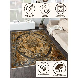 Oturma Odası Halısı – Siyah; Kahverengi – Eskitilmiş Görünümlü Mandala Desen, Makinede Yıkanabilir, Kolay Temizlenebilir, Toz Ve Tüy Tutmaz, Kaymaz, Evcil Hayvan Dostu