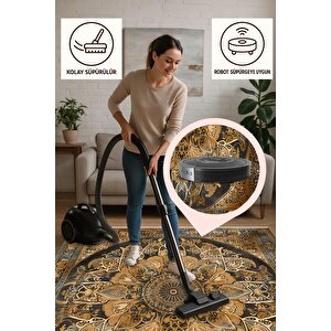 Oturma Odası Halısı – Siyah; Kahverengi – Eskitilmiş Görünümlü Mandala Desen, Makinede Yıkanabilir, Kolay Temizlenebilir, Toz Ve Tüy Tutmaz, Kaymaz, Evcil Hayvan Dostu