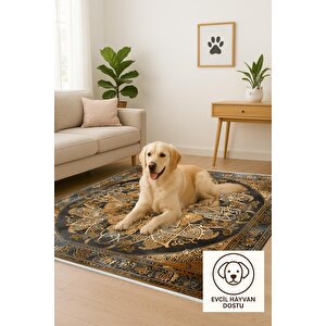 Oturma Odası Halısı – Siyah; Kahverengi – Eskitilmiş Görünümlü Mandala Desen, Makinede Yıkanabilir, Kolay Temizlenebilir, Toz Ve Tüy Tutmaz, Kaymaz, Evcil Hayvan Dostu