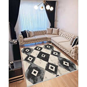 Pamuk Dokuma Taban Halı – Black; Gray; Cream – Geometric Desen, Makinede Yıkanabilir, Kolay Temizlenebilir, Toz Ve Tüy Tutmaz, Kaymaz, Evcil Hayvan Dostu 80x80 cm