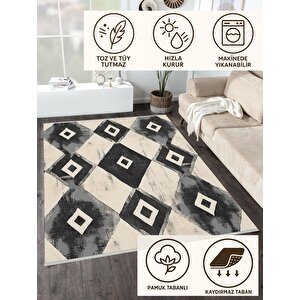 Pamuk Dokuma Taban Halı – Black; Gray; Cream – Geometric Desen, Makinede Yıkanabilir, Kolay Temizlenebilir, Toz Ve Tüy Tutmaz, Kaymaz, Evcil Hayvan Dostu