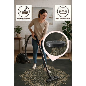 Pamuk Dokuma Taban Halı – Siyah; Altın Sarısı – Geleneksel Desen, Makinede Yıkanabilir, Kolay Temizlenebilir, Toz Ve Tüy Tutmaz, Kaymaz, Evcil Hayvan Dostu 200x350 cm