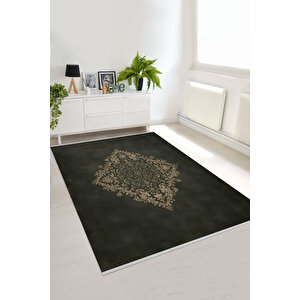 Pamuk Dokuma Taban Halı – Siyah; Altın Sarısı – Geleneksel Desen, Makinede Yıkanabilir, Kolay Temizlenebilir, Toz Ve Tüy Tutmaz, Kaymaz, Evcil Hayvan Dostu 200x350 cm