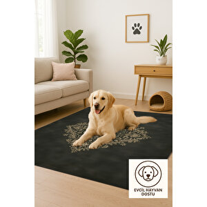 Pamuk Dokuma Taban Halı – Siyah; Altın Sarısı – Geleneksel Desen, Makinede Yıkanabilir, Kolay Temizlenebilir, Toz Ve Tüy Tutmaz, Kaymaz, Evcil Hayvan Dostu