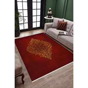 Pamuk Dokuma Taban Halı – Kırmızı; Altın Sarısı – Geleneksel Desen, Makinede Yıkanabilir, Kolay Temizlenebilir, Toz Ve Tüy Tutmaz, Kaymaz, Evcil Hayvan Dostu 150x150 cm