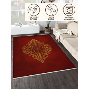 Pamuk Dokuma Taban Halı – Kırmızı; Altın Sarısı – Geleneksel Desen, Makinede Yıkanabilir, Kolay Temizlenebilir, Toz Ve Tüy Tutmaz, Kaymaz, Evcil Hayvan Dostu 150x150 cm