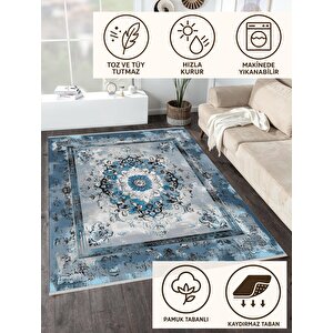 Mutfak Halısı – Mavi; Siyah; Beyaz – Eskitilmiş Görünümlü Oriental Desen, Makinede Yıkanabilir, Kolay Temizlenebilir, Toz Ve Tüy Tutmaz, Kaymaz, Evcil Hayvan Dostu 160x180 cm