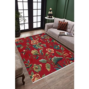 Yıkanabilir Salon Halısı – Kırmızı; Yeşil; Sarı – Floral Desen, Makinede Yıkanabilir, Kolay Temizlenebilir, Toz Ve Tüy Tutmaz, Kaymaz, Evcil Hayvan Dostu