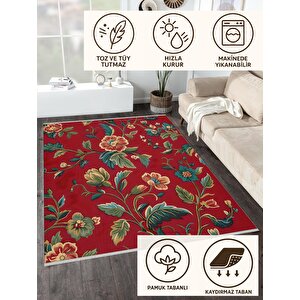 Yıkanabilir Salon Halısı – Kırmızı; Yeşil; Sarı – Floral Desen, Makinede Yıkanabilir, Kolay Temizlenebilir, Toz Ve Tüy Tutmaz, Kaymaz, Evcil Hayvan Dostu