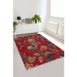 Yıkanabilir Salon Halısı – Kırmızı; Yeşil; Sarı – Floral Desen, Makinede Yıkanabilir, Kolay Temizlenebilir, Toz Ve Tüy Tutmaz, Kaymaz, Evcil Hayvan Dostu