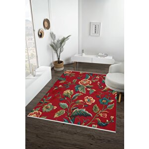 Yıkanabilir Salon Halısı – Kırmızı; Yeşil; Sarı – Floral Desen, Makinede Yıkanabilir, Kolay Temizlenebilir, Toz Ve Tüy Tutmaz, Kaymaz, Evcil Hayvan Dostu