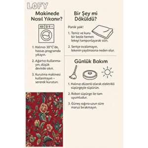 Yıkanabilir Salon Halısı – Kırmızı; Yeşil; Sarı – Floral Desen, Makinede Yıkanabilir, Kolay Temizlenebilir, Toz Ve Tüy Tutmaz, Kaymaz, Evcil Hayvan Dostu