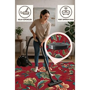 Yıkanabilir Salon Halısı – Kırmızı; Yeşil; Sarı – Floral Desen, Makinede Yıkanabilir, Kolay Temizlenebilir, Toz Ve Tüy Tutmaz, Kaymaz, Evcil Hayvan Dostu