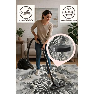 Yıkanabilir Halı – Gri; Siyah; Krem – Eskitilmiş Görünümlü Damask Desen, Pamuk Dokuma Taban, Kolay Temizlenebilir, Toz Ve Tüy Tutmaz, Kaymaz, Evcil Hayvan Dostu