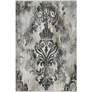 Yıkanabilir Halı – Gri; Siyah; Krem – Eskitilmiş Görünümlü Damask Desen, Pamuk Dokuma Taban, Kolay Temizlenebilir, Toz Ve Tüy Tutmaz, Kaymaz, Evcil Hayvan Dostu 150x240 cm
