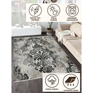 Yıkanabilir Halı – Gri; Siyah; Krem – Eskitilmiş Görünümlü Damask Desen, Pamuk Dokuma Taban, Kolay Temizlenebilir, Toz Ve Tüy Tutmaz, Kaymaz, Evcil Hayvan Dostu 150x240 cm