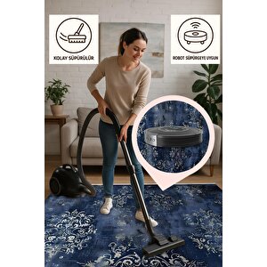 Yıkanabilir Salon Halısı – Lacivert; Bej; Gri – Damask Desen, Makinede Yıkanabilir, Kolay Temizlenebilir, Toz Ve Tüy Tutmaz, Kaymaz, Evcil Hayvan Dostu