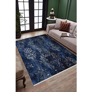 Yıkanabilir Salon Halısı – Lacivert; Bej; Gri – Damask Desen, Makinede Yıkanabilir, Kolay Temizlenebilir, Toz Ve Tüy Tutmaz, Kaymaz, Evcil Hayvan Dostu