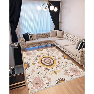 Mutfak Halısı – Sarı; Kahverengi; Pudra – Çiçek Desen, Makinede Yıkanabilir, Kolay Temizlenebilir, Toz Ve Tüy Tutmaz, Kaymaz, Evcil Hayvan Dostu