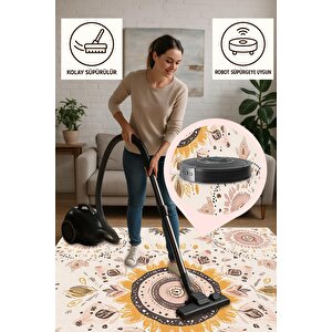 Mutfak Halısı – Sarı; Kahverengi; Pudra – Çiçek Desen, Makinede Yıkanabilir, Kolay Temizlenebilir, Toz Ve Tüy Tutmaz, Kaymaz, Evcil Hayvan Dostu