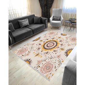 Mutfak Halısı – Sarı; Kahverengi; Pudra – Çiçek Desen, Makinede Yıkanabilir, Kolay Temizlenebilir, Toz Ve Tüy Tutmaz, Kaymaz, Evcil Hayvan Dostu