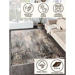 Pamuk Dokuma Taban Halı – Gri; Bej; Krem – Soyut Desen, Makinede Yıkanabilir, Kolay Temizlenebilir, Toz Ve Tüy Tutmaz, Kaymaz, Evcil Hayvan Dostu