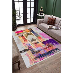 Pamuk Dokuma Taban Halı – Pembe; Mor; Sarı; Mavi; Beyaz – Geometrik Desen, Makinede Yıkanabilir, Kolay Temizlenebilir, Toz Ve Tüy Tutmaz, Kaymaz, Evcil Hayvan Dostu 200x350 cm
