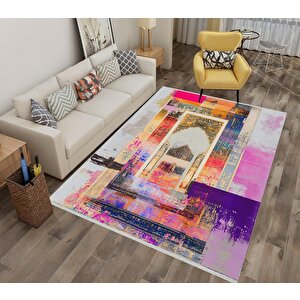 Pamuk Dokuma Taban Halı – Pembe; Mor; Sarı; Mavi; Beyaz – Geometrik Desen, Makinede Yıkanabilir, Kolay Temizlenebilir, Toz Ve Tüy Tutmaz, Kaymaz, Evcil Hayvan Dostu