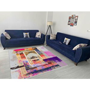 Pamuk Dokuma Taban Halı – Pembe; Mor; Sarı; Mavi; Beyaz – Geometrik Desen, Makinede Yıkanabilir, Kolay Temizlenebilir, Toz Ve Tüy Tutmaz, Kaymaz, Evcil Hayvan Dostu