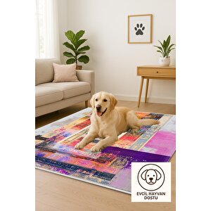 Pamuk Dokuma Taban Halı – Pembe; Mor; Sarı; Mavi; Beyaz – Geometrik Desen, Makinede Yıkanabilir, Kolay Temizlenebilir, Toz Ve Tüy Tutmaz, Kaymaz, Evcil Hayvan Dostu