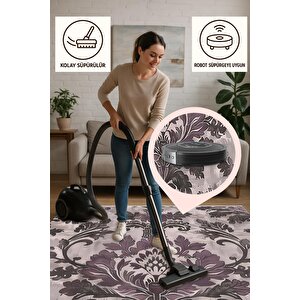 Pamuk Dokuma Taban Halı – Mor; Siyah; Gri – Barok Desen, Makinede Yıkanabilir, Kolay Temizlenebilir, Toz Ve Tüy Tutmaz, Kaymaz, Evcil Hayvan Dostu