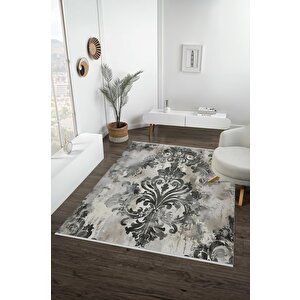 Yıkanabilir Halı – Gri; Siyah; Krem – Eskitilmiş Görünümlü Damask Desen, Pamuk Dokuma Taban, Kolay Temizlenebilir, Toz Ve Tüy Tutmaz, Kaymaz, Evcil Hayvan Dostu 180x270 cm
