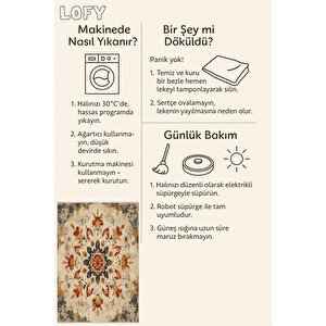 Mutfak Halısı – Kırmızı; Sarı; Lacivert; Krem – Eskitilmiş Görünümlü Oriental Desen, Makinede Yıkanabilir, Kolay Temizlenebilir, Toz Ve Tüy Tutmaz, Kaymaz, Evcil Hayvan Dostu
